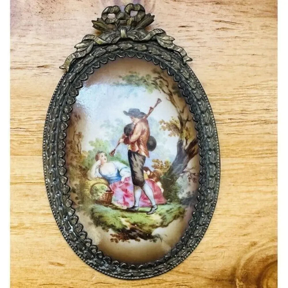 Vintage Porcelain Miniature Oval Plaque Couple &‎ Landscape Wall Art See Photos